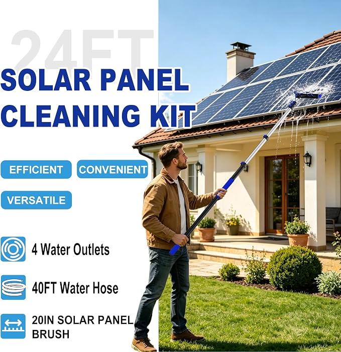 Buyplus 30FT Reach Solar Panel Cleaning Brush Kit with 5-24FT Telescoping Pole, Water Fed Window Cleaner Tool with 20" Brush, Soap Dispenser, Cobweb Duster, Squeegee for Roof, RV, Gutter, Deck,Blue