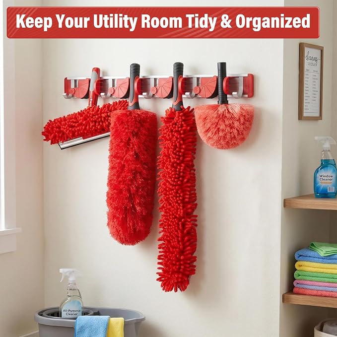 20FT High Reach Ceiling Duster Kit with 5-12ft Extension Pole – Fan & Cobweb Cleaner, Microfiber Feather Duster, 2-in-1 Window Squeegee, 270° Rotating Head, Reusable & Washable, Wall-Mount Rack
