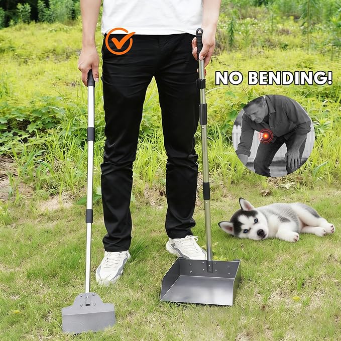 Dog Pooper Scooper, Metal Tray & Spade with 38.2" Long Handle | Medium Dog Poop Scooper: 6.5x6.7x2.5in Tray, 5.1x3.3in Spade, No-bend Pickup, Easy Rinse, Tool-free Setup