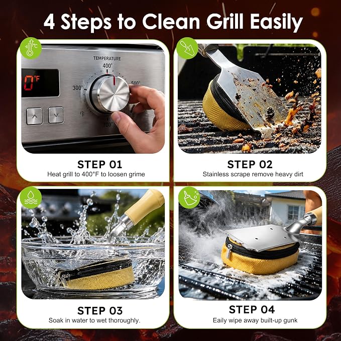Grill Brush Bristle Free with Scraper, Safe Steam Grill Cleaner for BBQ & Griddle Fire Resistant Outdoor Grill Cleaning Brush with Replaceable Head & Long Handle, Ideal BBQ Gifts for Men Dad