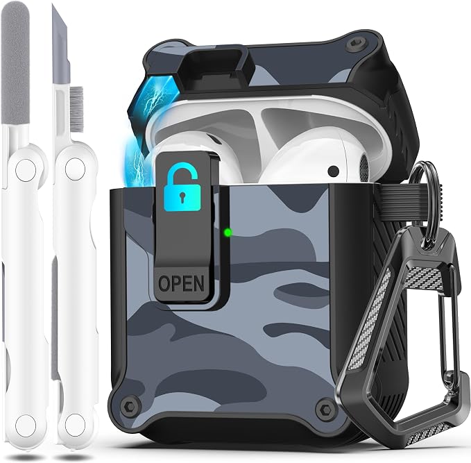 for AirPods 2 Case Cover with Lock Magnetic Lid, Grey | Compatible with Apple AirPods 2 and AirPods(2016), Case with Cleaner Kit & Keychain, Powerful Drop Protection