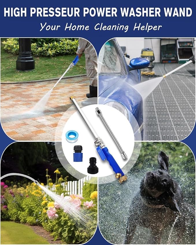 High Pressure Power Washer Wand, Upgraded Watering Sprayer Cleaning Tool | Hydro jet water hose nozzle with 2 different nozzles, quick connect flexible wand, for gutter, patio, car, pet, window