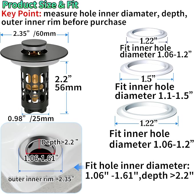 Sink Stopper Bathroom Drain,Universal Bathroom Sink Drain Strainer with Anti-Clogging Basket,Bathroom Sink Stopper Hair Catcher for 1.06"~1.61" Drain Hole