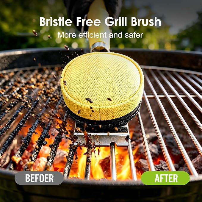 Grill Brush Bristle Free with Scraper, Safe Steam Grill Cleaner for BBQ & Griddle Fire Resistant Outdoor Grill Cleaning Brush with Replaceable Head & Long Handle, Ideal BBQ Gifts for Men Dad