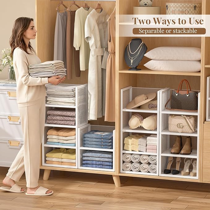 DAOUTIME 4-Tier Stackable Closet Organizers and Storage Basket, Wire Closet Shelf Organizer, Sweater Storage Oragnizer Bins, Multifunctional Clothes Storage Drawer Organizer for Wardrobe, White