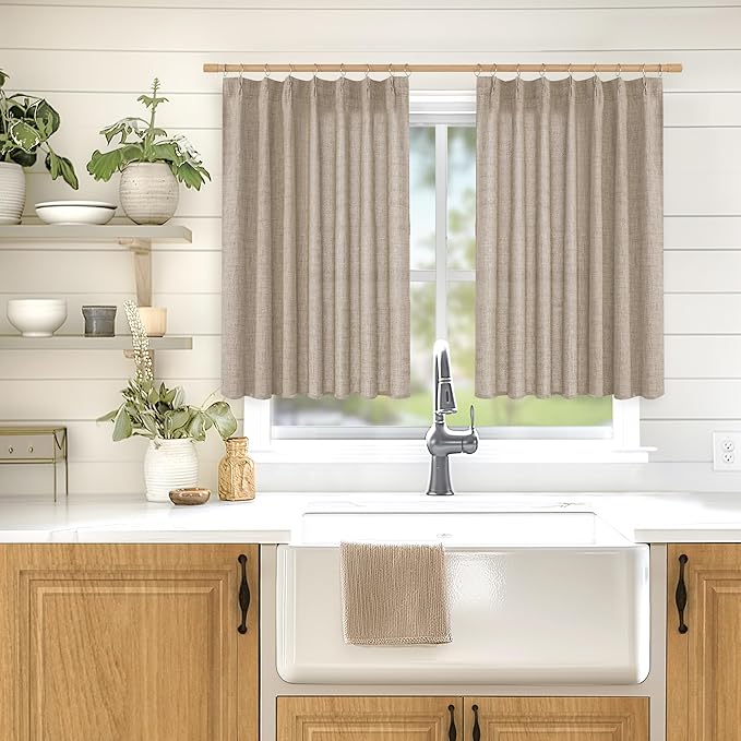 YoungsTex Short Linen Curtains 40 Inch Length for Cafe Window, Small Drapes Light Filtering with Back Tab for Bathroom Kitchen Window, 2 Panels, 40 X 40 Inch