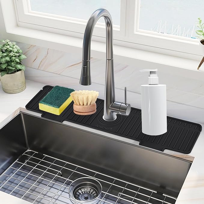 Kitchen Sink Splash Guard, 20 inch Silicone Faucet Guard & Draining Mat, 10° Large Slope Sink Faucet Mat Splash Guard, Bathroom Sink Organizer, Kitchen Sink Accessories Gadgets, 20 x 5.5”, Black