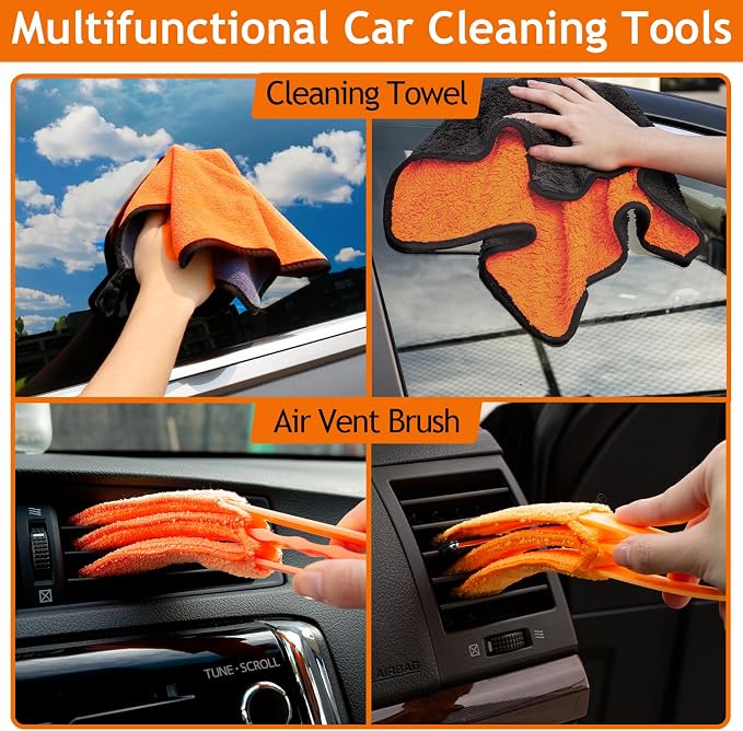 THINKWORK Windshield Cleaner Tool, Car Detailing Kit Interior, Car Cleaning Kit Interior and Exterior Detail Brush, Auto Supplies & Accessories for Men Women | 180 Degree Rotating Head, Extendable Handle, 3 Washable Pads, Streak Free Cleaning for Windo...