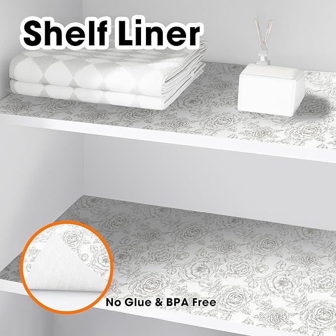 Drawer and Shelf Liner for Kitchen Cabinets Non-Adhesive, Non-Slip Cabinet Liner Shelf Paper Strong Grip Waterproof Easy to Clean for Kitchen Shelves Cupboard, Flower,12IN X 30FT