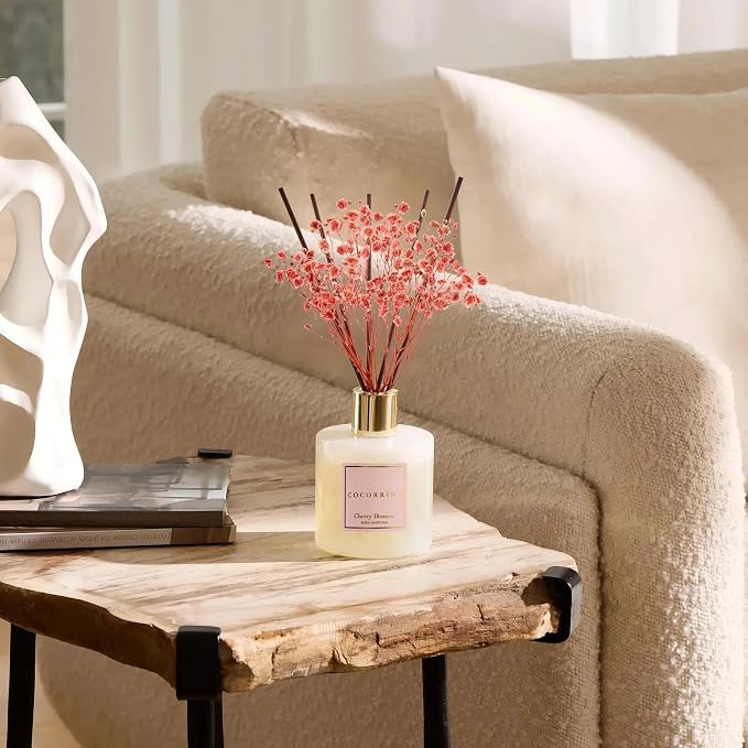 Reed Diffuser - Cherry Blossom 6.7 Fl.oz Reed Diffuser Set with Sticks & Preserved Baby's Breath, Reed Diffuser for Home Bathroom Shelf Decor