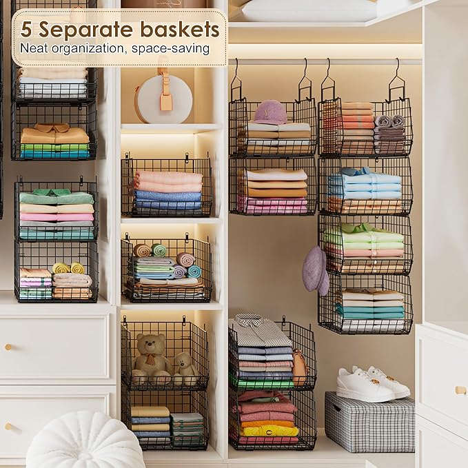 Deeper 4'' Design 5 Tier Foldable Hanging Closet Organizer and Storage，Wire Cabinet Shelves and Rack with 5 S Hooks,Stackable Metal Basket Bins for Clothes Shoe Purse,Holder for Wardrobe Dorm,Black