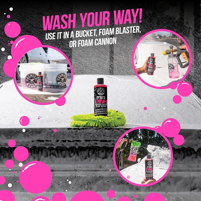 Chemical Guys, Mr. Pink Car Wash Soap 64 oz with Wash Mitt | High-foaming Mr. Pink car wash soap with a chenille microfiber wash mitt; slick, scratch-free washing for cars and trucks.