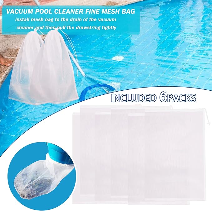 6Pack 24 * 16'' Pool Fine Mesh Filter Bags for Leaf Vacuum Pool Cleaners,Pool Vacuum Net Bag Replacement Bag with Pull & Lock Cord,Universal Fit,Holds Leaves,Debris
