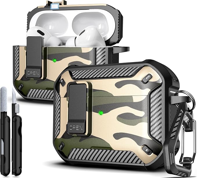 R-FUN for AirPods Pro 2 Case with Lock Magnetic Lid, Camo | Compatible with AirPods Pro 2nd Generation and AirPods Pro 1st Generation (2019) Case with Cleaner Kit & Carabiner, MagSafe