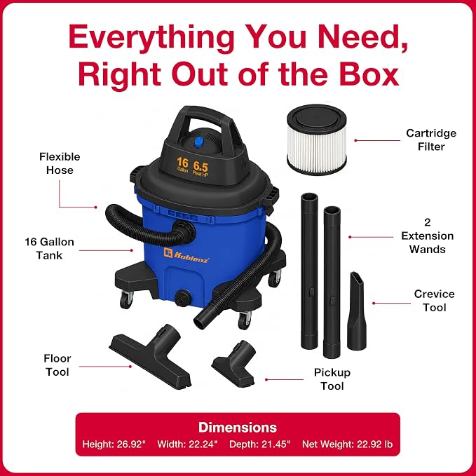 Koblenz WD-16 L4 Wet Dry Vacuum Cleaner, 16 Gallon Wet Dry Vac, 6.5 PHP | 3-in-1 Suction & Blower, CLICK-N-LOCK Hose, Drain Plug, Big Vacuum Cleaner for Carpet & Floors, Swivel Casters, Black/Blue