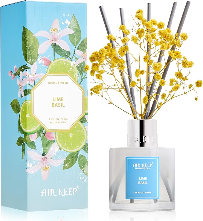 Reed Diffuser Set,3.38 fl oz (100 ml) - Lime Basil Oil Diffusers with 8 Reed Sticks, Home Fragrance Reed Diffuser for Bathroom Shelf Decor