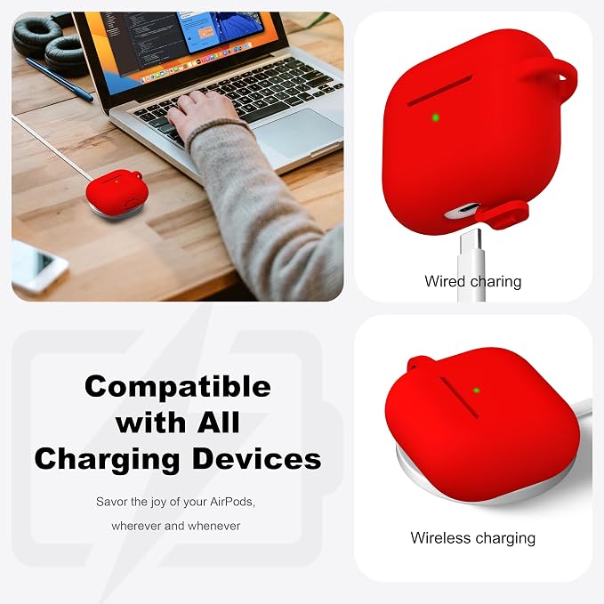 R-fun Compatible with AirPods 3 Case Cover, Silicone Protective Accessories Skin with Keychain Compatible with Apple AirPod 3rd Generation 2021 for Women Men Girls Boys,Front LED Visible,Red