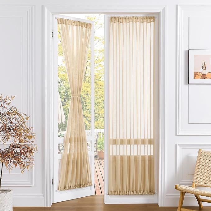 Tollpiz Sheer Door Curtains Closet Linen Textured Curtains Sheer Doorway Light Filtering Voile Rod French Door Pocket Curtain Patio Glass Door, 25 x 72 inches Long, Beige, Set of 1 Panel