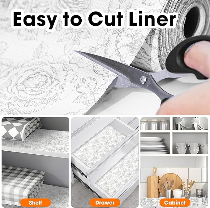 Drawer and Shelf Liner for Kitchen Cabinets Non-Adhesive Cabinet Liners for Shelves Strong Grip Non Slip Waterproof Cupboard Liner for Dresser Refrigerator, Bathroom, Flower,17.5IN X 10FT