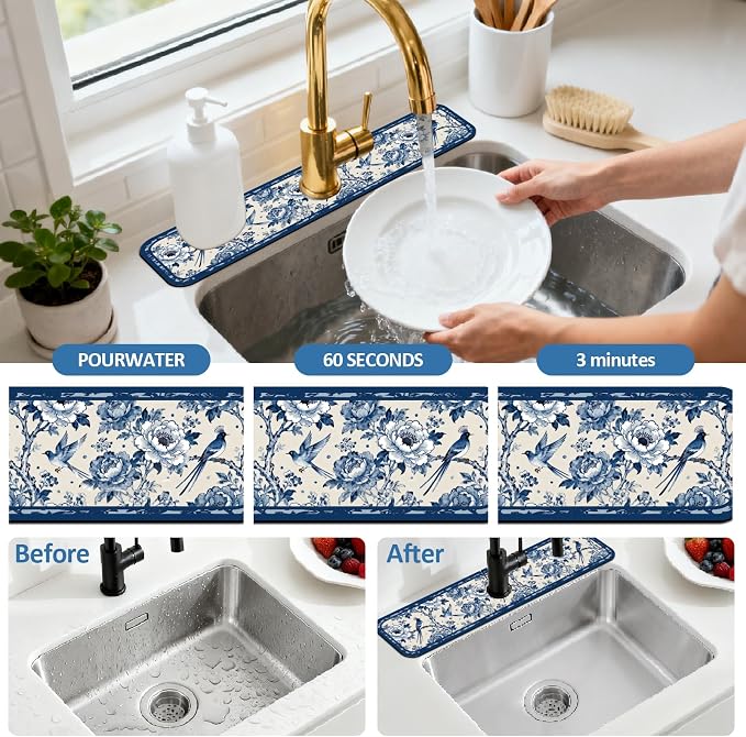 2 Pcs Kitchen Sink Splash Guard Faucet Mats Vintage Porcelain Flowers and Birds Pattern Faucet Mat for Sinks Absorbing Drying Mat for Kitchen Bathroom, 23.6x5.5inch
