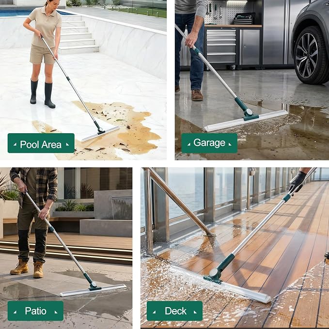 29"-49" Telescopic Pole Floor Squeegee for Concrete Floor | 17.7" Wide floor Squeegee with Detachable Stiff Brush, Large Squeegee Broom for Tile Floor, Garage, Swimming Pool, Bathroom