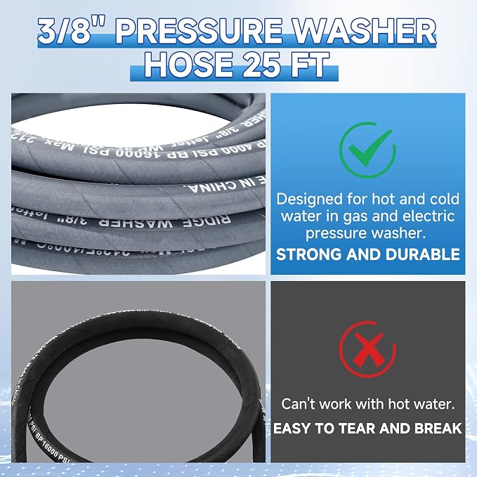 RIDGE WASHER Pressure Washer Hose 25 Ft, 4000 PSI, M22 14 mm Fitting | Power Washer Hose with 3/8 Inch Quick Connect for Hot and Cold Water, Gray Non Marking Hoses