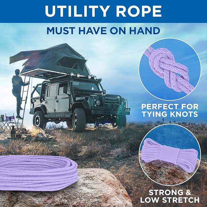 TECEUM Cotton Rope 3/16” (5 mm) – 100 FT – Strong All-Purpose Braided Rope – Natural Cotton – for Crafting, Сamping, Clothes Line, DIY, Indoor & Outdoor Use – Lavander