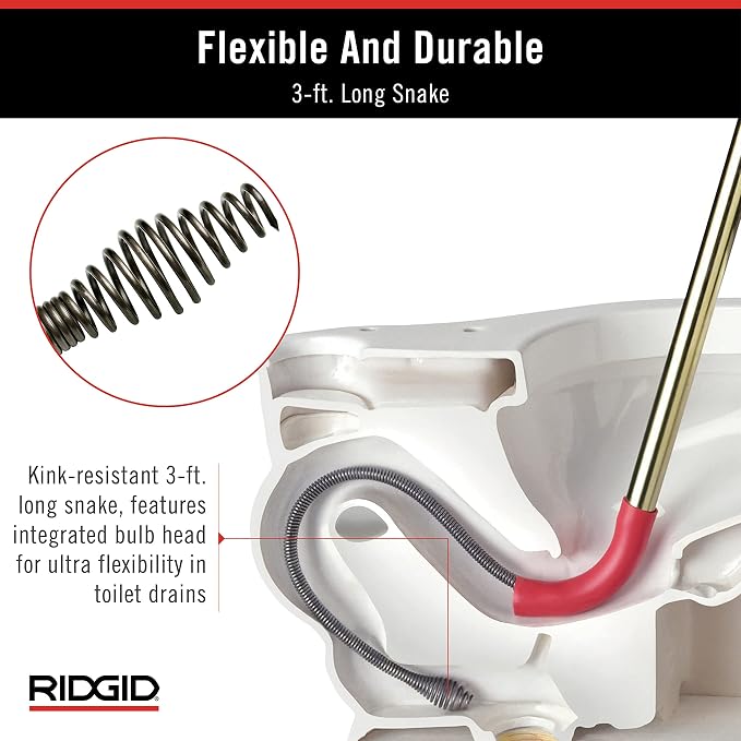 RIDGID 59787 Model K-3 Toilet Auger with Unclogging 3-Foot Snake and Bulb Head