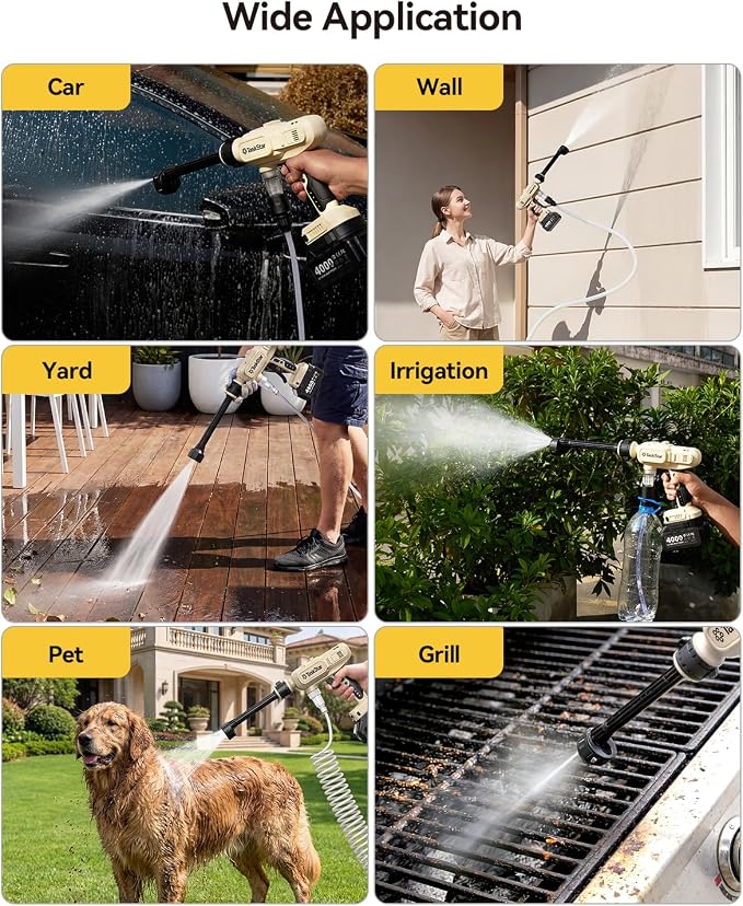 TaskStar Portable Cordless 1250PSI High Pressure Power Washer | 2X 4.0Ah Batteries, Brushless Motor, 2 Power Modes, 6-in-1 Spray Nozzle, 26FT Extended Hose for Car, Garden, Outdoor Cleaning