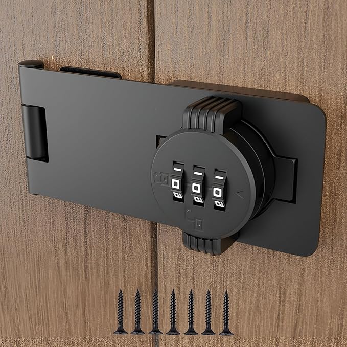 Keyless Combination Lock 3-Digit Combination Lock for Doors Twist Knob Hasp Latch Lock with Password Code Zinc Alloy Door Latch for Kitchen Drawers, Cabinets, Cupboard (Black)