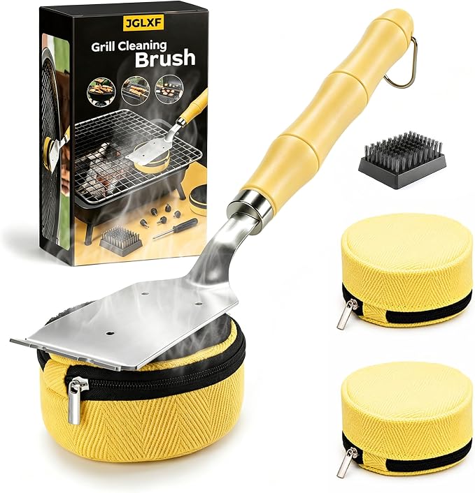 Grill Brush Bristle Free with Scraper, Safe Steam Grill Cleaner for BBQ & Griddle Fire Resistant Outdoor Grill Cleaning Brush with Replaceable Head & Long Handle, Ideal BBQ Gifts for Men Dad