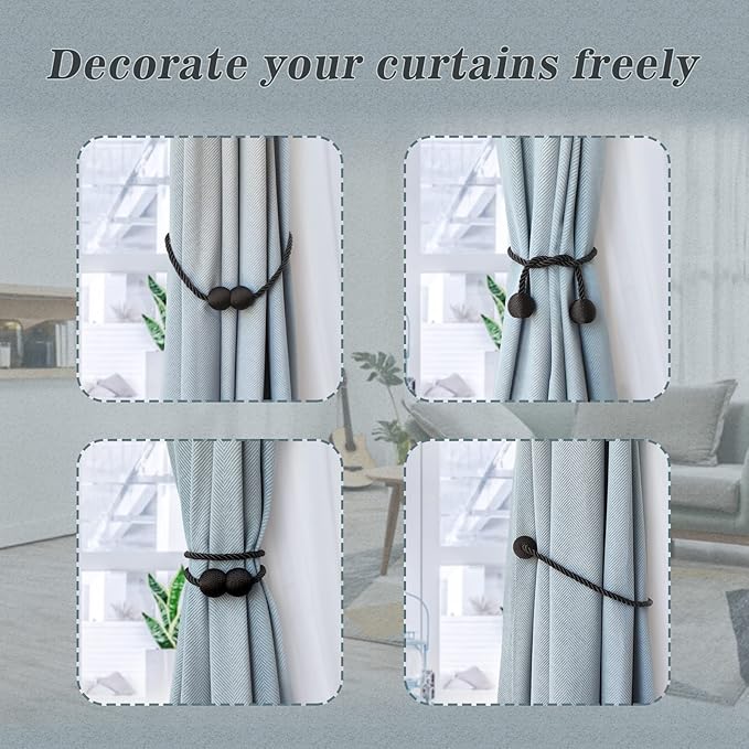 Hion Magnetic Curtain Tiebacks Black 6 Pack, Curtain Tiebacks Buckles Holdbacks Holders Hooks Clip for Home Bedroom Office Decorative Thick or Thin Curtain