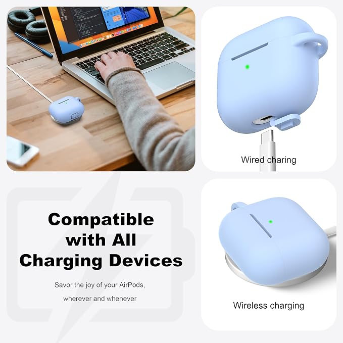 R-fun Compatible with AirPods 3 Case Cover, Silicone Protective Accessories Skin with Keychain Compatible with Apple AirPod 3rd Generation 2021 for Women Men Girls Boys,Front LED Visible,Sky Blue