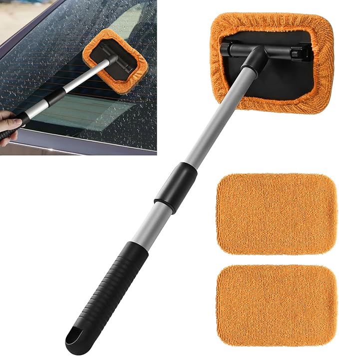 Windshield Cleaning Tool, Car Window Cleaner, Vehicle Window Cleaner with Extendable Handle & 2 Washable Microfiber Pads, Car Interior Glass Wiper Cleaning Kit for Most Vehicles (Orange)