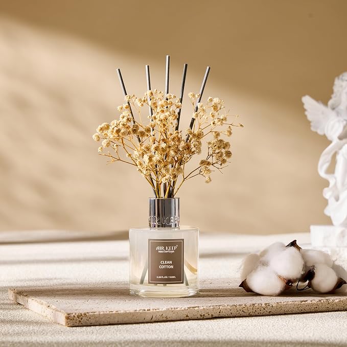 Reed Diffuser Set,3.38 fl oz (100 ml) - Clean Cotton Oil Diffusers with 8 Reed Sticks, Home Fragrance Reed Diffuser for Bathroom Shelf Decor