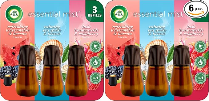 Air Wick Essential Mist Refill Multipack - Watermelon & Berries, Sea Spray & Breeze, Honeysuckle & Raspberry (Pack of 6)