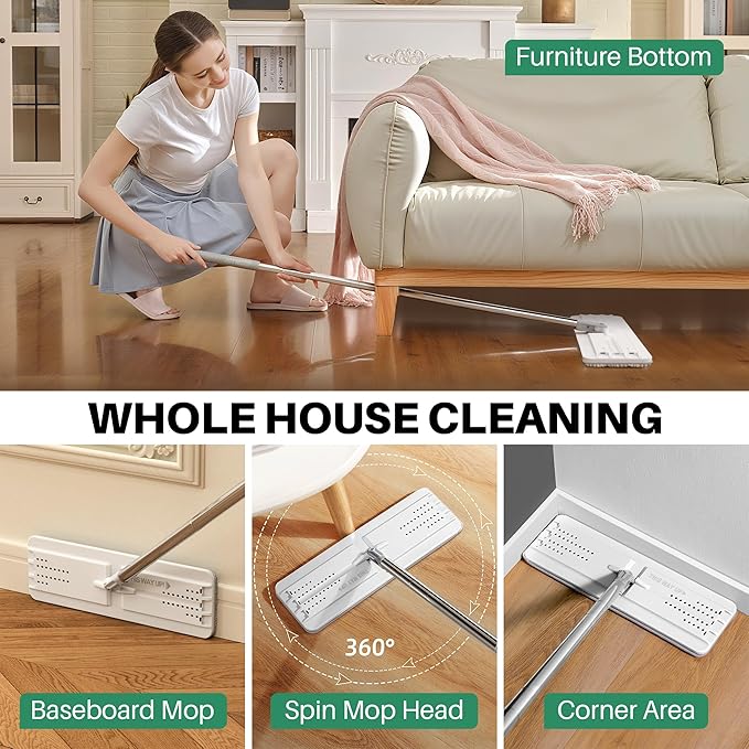 JOYMOOP Flat Mop with Microfiber Pad, 50" Handle and Flexible 13" Head for Floor Cleaning, White