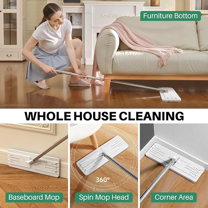 JOYMOOP Flat Mop System, Microfiber Mop for Floor Cleaning, 60" Long Handle with 15" Microfiber Flat Head, White