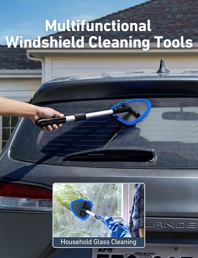 AstroAI 32" Ultra-Long Windshield Cleaner Tool, Car Interior Window Detailing Cleaning Kit with Extendable Handle and 4 Upgraded Reusable Microfiber Pads, Auto Glass Wiper Brush Kit for Car&Home, Blue