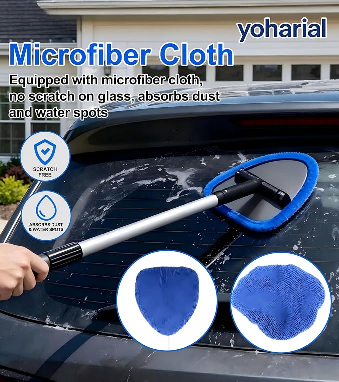 Telescopic Windshield Cleaner Microfiber Car Glass Brush Kit | 180° Rotatable Triangular Head, Scratch-Free Microfiber Pads, Extendable Pole For Hard-To-Reach Glass Areas
