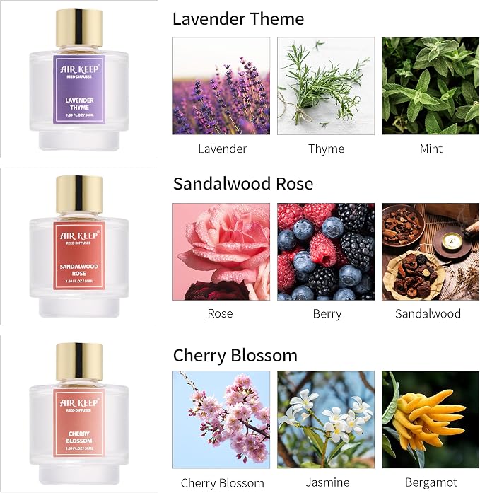 Reed Diffuser Set of 3, Lavender Thyme Sandalwood Rose Cherry Blossom Oil Reed Diffusers for Bedroom Living Room Office Aromatherapy Oil Reed Diffuser for Gift 50ml x 3