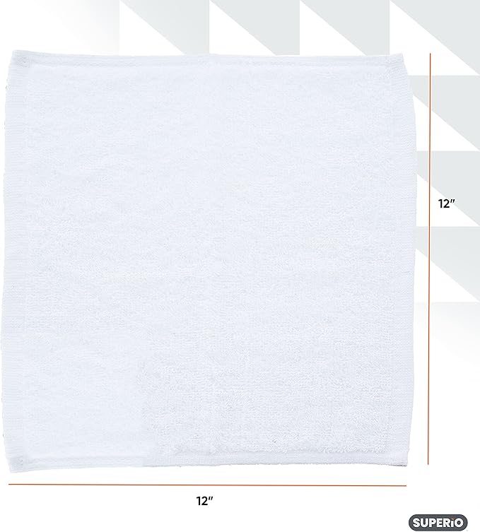 Superio Terry Cloth Rags White Washcloths 100% Cotton 12" Cleaning Cloths, Kitchen Towels, Facial Washcloth, Spa Cloths, Hand Towel, Small Lint Free Rags for Multi-Purposes (24 Pack)