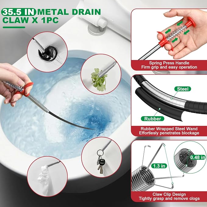 EastLink Drain Snake 18 Set: 35.5" Drain Clog Remover (x1), 30" Steel Hair Snake (x3), 30" PET Sink Snake (x3), 59" Tube Drain Brush (x2), 17" Dryer Vent Cleaner Brush (x1), Straw Cleaner Brush (x8)