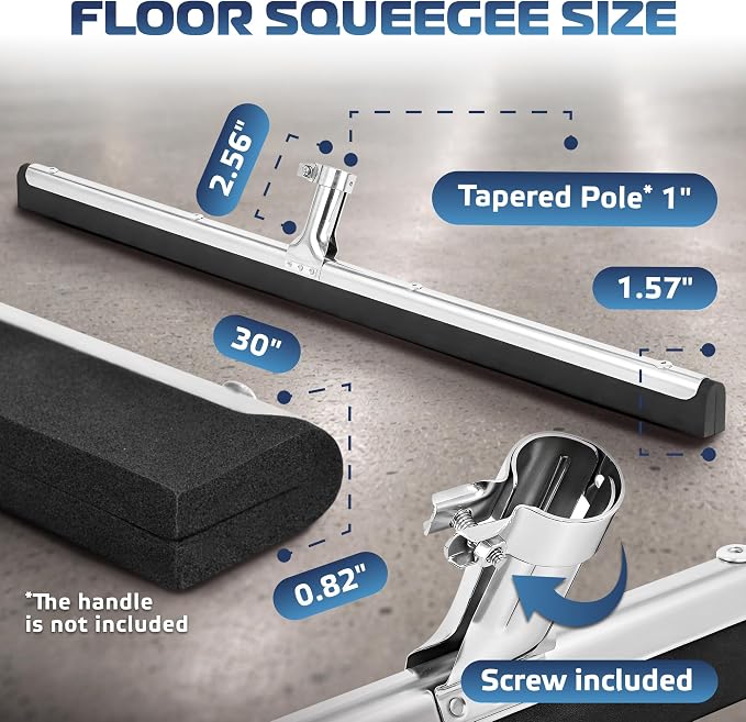 Uneven Surface Floor Squeegee 30’’, Double Foam Blade Garage Squeegee, Taper Pole Connection - Handle Sold Separately for Tiles, Concrete and Asphalt