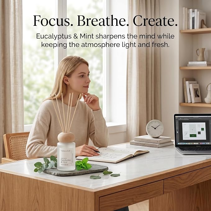 Eucalyptus & Mint Reed Diffuser, 3.5 Fl Oz | Invigorating eucalyptus and mint scent; long-lasting reed diffuser gift set for bedroom, bathroom, living room or office.