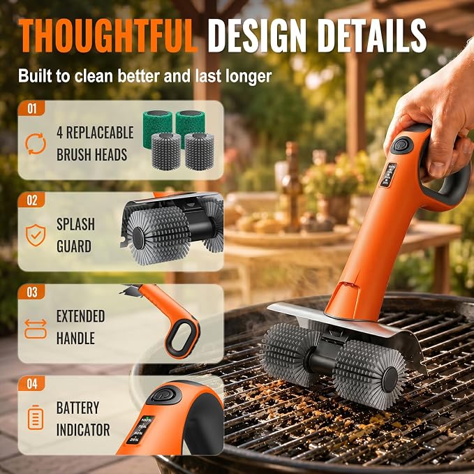 Electric Grill Brush - Dual Rotating Heads Cordless BBQ Grill Cleaner, 450 RPM Motorized Power Grill Cleaning Brush with LED Light, 6-Piece Replaceable Brush Set Safe for Most Outdoor Grill Grates