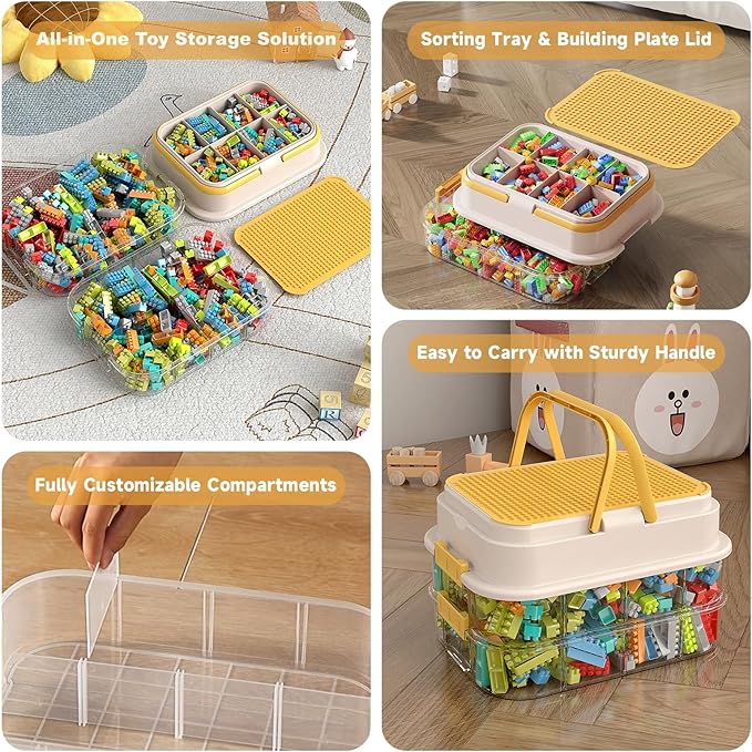 Toy Storage Organizer Box with Handle, Stackable Building Block Toy Box with Building Plate Lid & Removable Sorting Trays, Cubby Bins and Containers 3 Layer (Lemon)