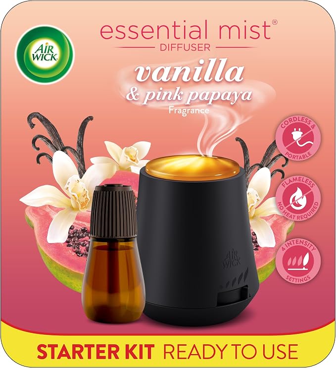 Air Wick Essential Mist Starter Kit (Diffuser + Refill) Vanilla & Pink Papaya Essential Oils Diffuser, Air Freshener Starter Kit