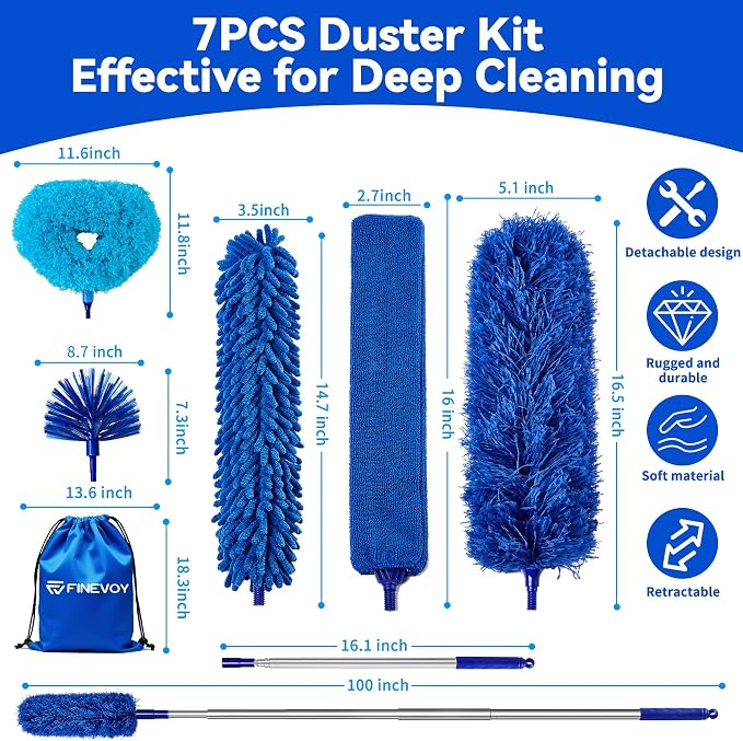 Duster with Extension Pole, 7 in 1 Cleaning Kit with Microfiber Dusters | Long Dusters for Cleaning High Ceilings, Cobweb Duster for Fan and Blinds, Feather Dusters Kit for Furniture Indoor Use