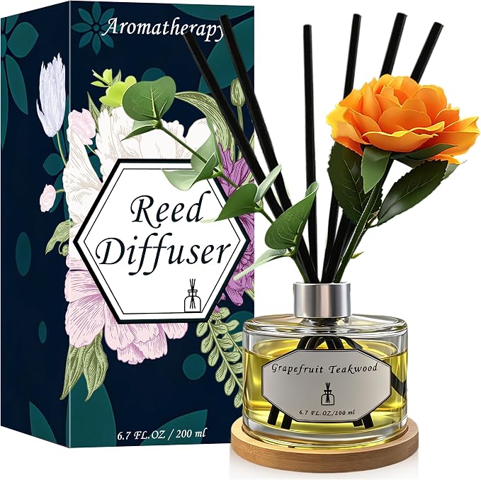 Reed Diffuser Set, 5 fl oz Grapefruit Teakwood Scented Oil Diffuser, Home Fragrance with Cotton Reed Sticks for Bedroom, Office, Bathroom Shelf Decor & Gifts